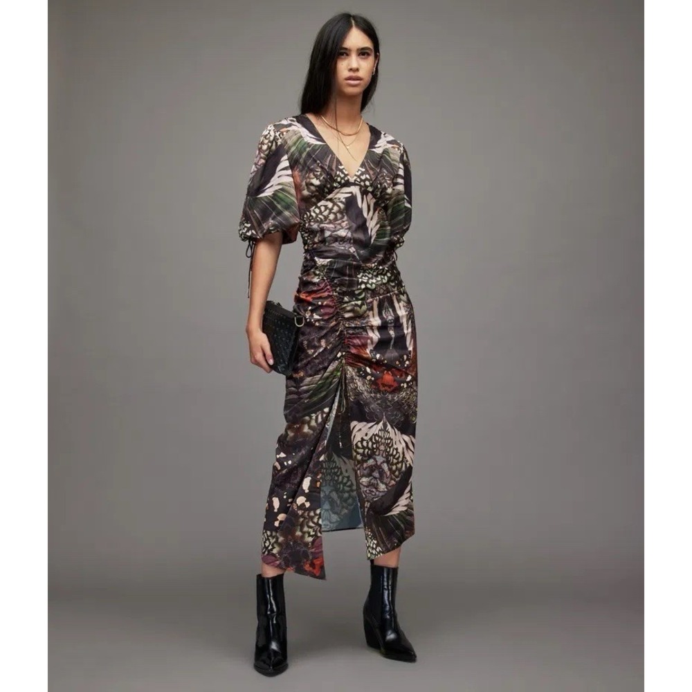 AllSaints Safiya Gene Butterfly Satin Midi Dress Dark Botanical Tropical Boho 8